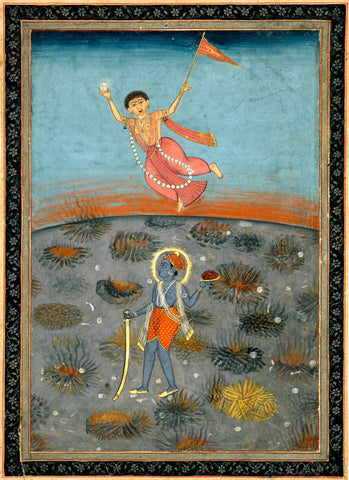 A Devi Flies Over Krishna - Punjab Hills - 18th Century Vintage Painting - Art Prints