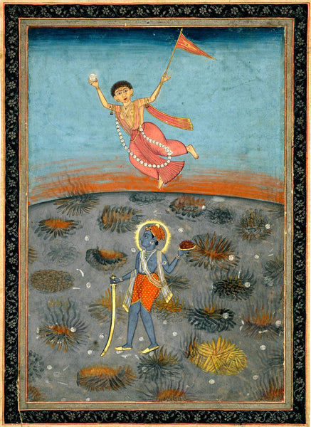 A Devi Flies Over Krishna - Punjab Hills - 18th Century Vintage Painting - Posters