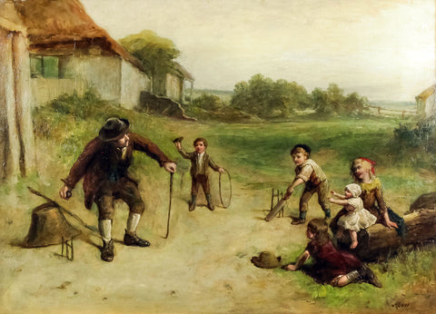 A Grandfather Teaching Children How To Play Cricket - 19th Century English Painting - Sports Memorabilia - Canvas Prints