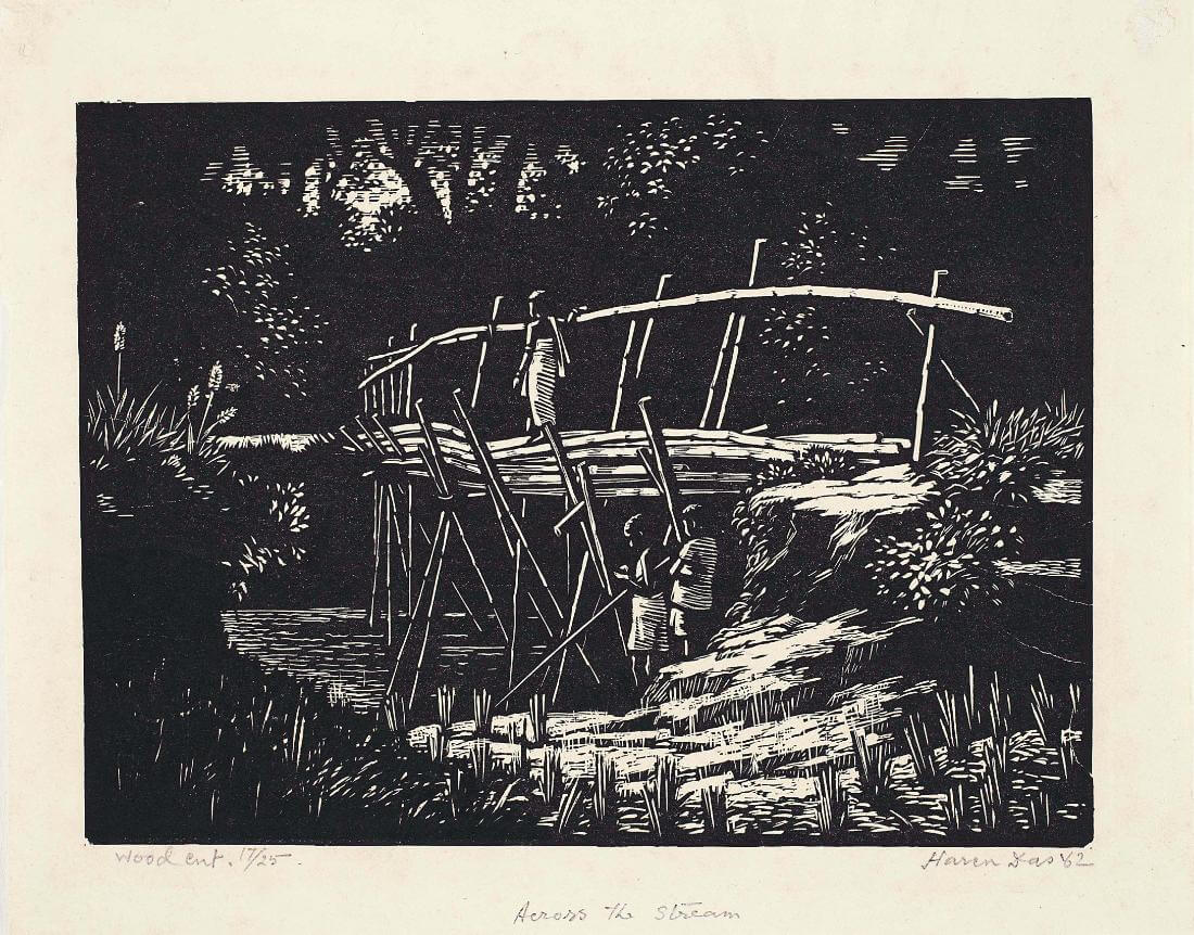 Across The Stream - Haren Das - Bengal School Art Woodcut Painting by ...