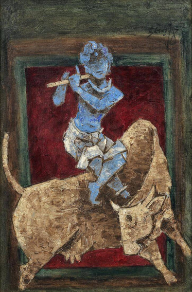 Blue Boy (Krishna) Atop Nandini - Maqbool Fida Husain Painting - Large Art Prints