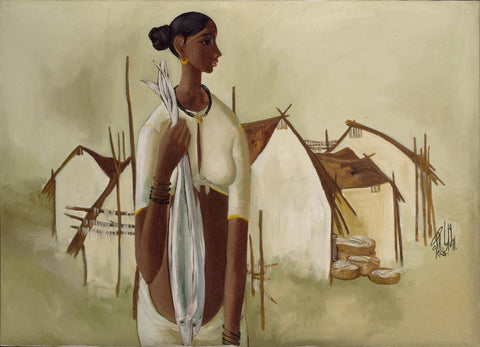 Fisherwoman With Catch - B Prabha - Indian Art Painting - Art Prints