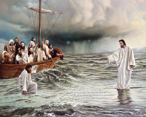 Jesus Christ (Saving Saint Peter) Walking On Water  - Christian Art Painting - Canvas Prints