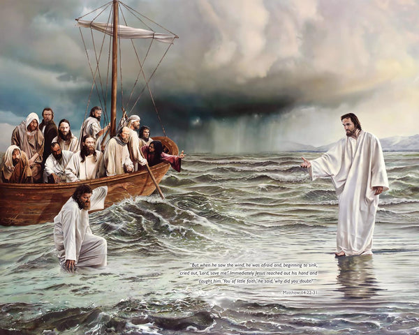 Jesus Christ (Saving Saint Peter) Walking On Water  - Christian Art Painting - Life Size Posters