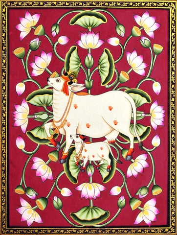 Kamadhenu Cow With Calf - Contemporary Krishna Pichwai Painting - Art Prints