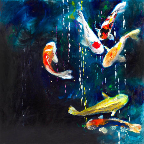 Koi Fish Swimming In Pond - Symbols Of Love And Friendship - Contemporary Feng Shui Painting - Life Size Posters by Roselyn Imani