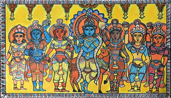 Krishna With Gopis - Kalamkari - Indian Folk Art Painting - Large Art Prints