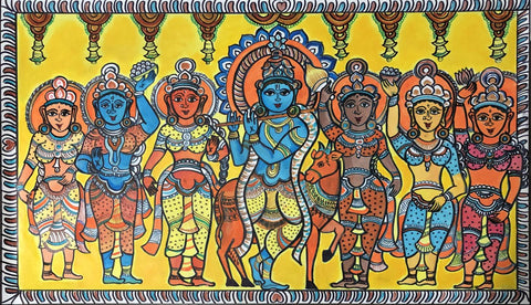 Krishna With Gopis - Kalamkari - Indian Folk Art Painting - Life Size Posters