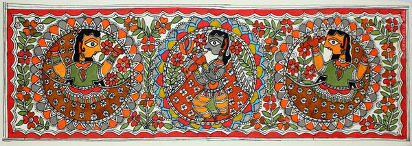 Krishna With Gopis - Madhubani - Indian Folk Art Paiinting - Life Size Posters