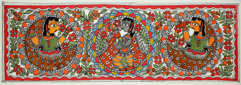 Krishna With Gopis - Madhubani - Indian Folk Art Paiinting - Large Art Prints