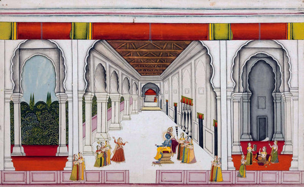 Lord Krishna Enthroned In A Palace - 19th Century Jaipur School Art Painting - Posters