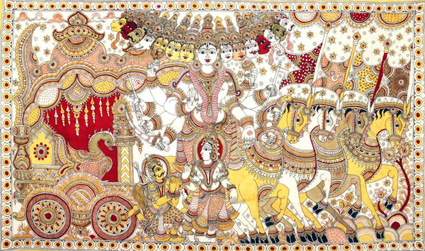 Lord Krishna Shows Vishwarupa to Arjuna During Mahabharata War (Gita Updesha) - Kalamkari Painting - Indian Folk Art - Canvas Prints