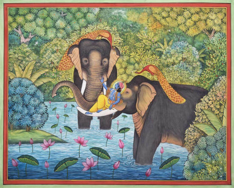 Lord Krishna With Elephants In The Forest - Krishna Pichwai Painting - Large Art Prints