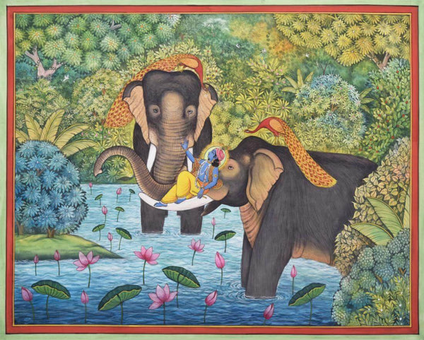 Lord Krishna With Elephants In The Forest - Krishna Pichwai Painting - Canvas Prints