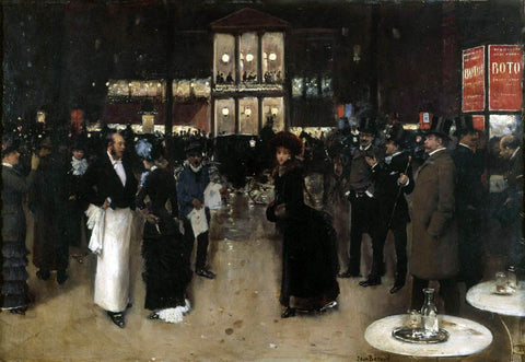 Montmartre Boulevard at Night In Front Of The Theatre - Jean Beraud Painting - Large Art Prints by Jean Béraud