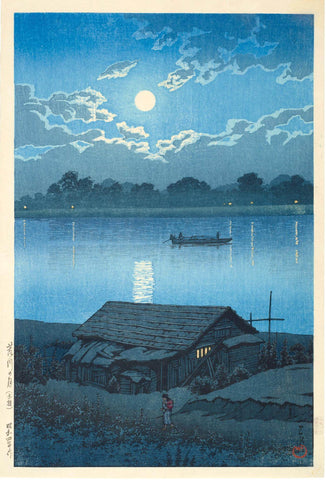 Moon on the Arakawa River in Akabane - Kawase Hasui - Japanese Woodblock Ukiyo-e Art Painting Print - Life Size Posters by Kawase Hasui