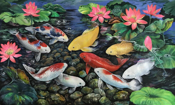 Nine Koi Fish - Symbol Of Prosperity and Family Strength - Feng Shui Painting - Posters