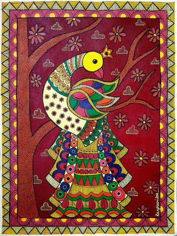 Peacock - Madhubani Painting - Folk Art Of India - Canvas Prints by Kritanta Vala