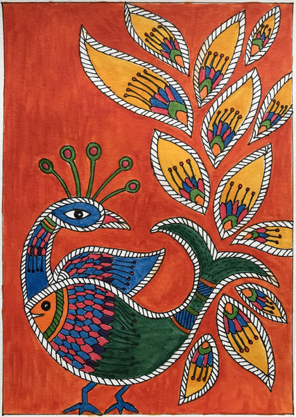 Peacock And Fish - Madhubani Painting - Folk Art Of India - Large Art Prints