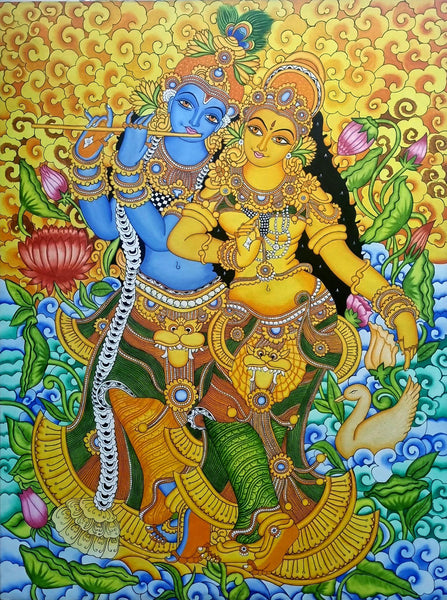 Radha Krishna Divine Love - Kerala Mural - Indian Folk Art Painting - Canvas Prints