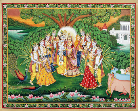 Radha Krishna In Vrindavan - Pichwai Art Painting - Large Art Prints by Krishna Pichwai