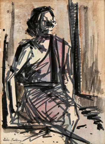 Seated Woman - Sailoz Mookherjea - Bengal School Art - Indian Painting by Sailoz Mookherjea