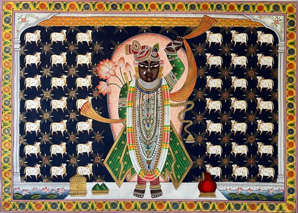 Shrinathji Krishna With Cows - Contemporary Pichwai Painting - Framed Prints