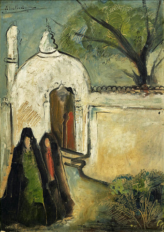 Two Women And Mosque - Sailoz Mookherjea - Bengal School Art - Indian Painting1947 - Art Prints