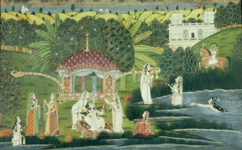 Bani Thani Bathing At Pholl Sagar Palace - C.1810-1820- Vintage Indian Miniature Art Painting - Posters