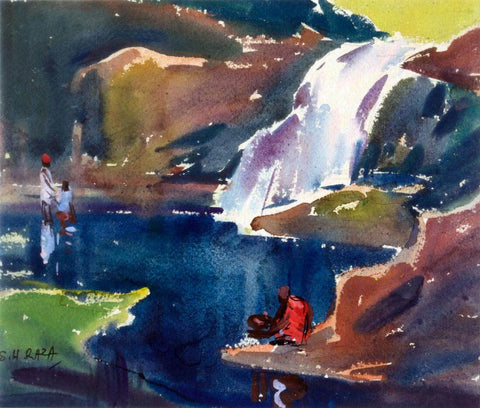 Waterfall - Sayed Haider Raza Landscape Painting (Early Works) - Large Art Prints by Sayed Haider Raza