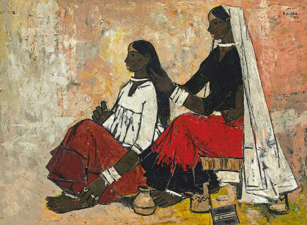 Woman Braiding Hair - B Prabha - Indian Art Painting - Art Prints