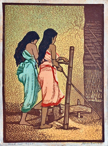 Women Threshing Grain - Haren Das - Bengal School Art Woodcut Painting - Canvas Prints by Haren Das