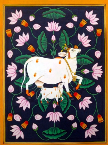 Krishna's Cow With Calf - Contemporary Pichwai Painting Canvas Print Rolled • 23x30 inches(On Sale - 25% OFF)