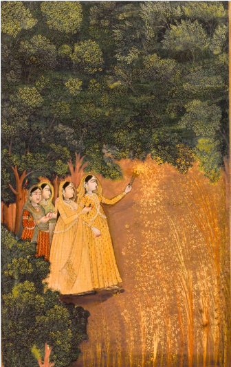 Ladies With Fireworks - Mir Kalan Khan - c1760 - Mughal Miniature Art Indian Painting Canvas Print Rolled • 15x24 inches(On Sale - 25% OFF)