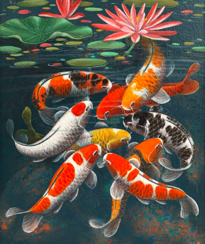Nine Koi Fish With Lotus - Prosperity And Family Strength - Feng Shui Painting Canvas Print Rolled • 20x24 inches(On Sale 25% OFF)