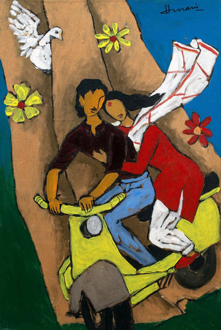 Vespa Scooters To Make Lovers Embrace Each Other , 1989 - Maqbool Fida Husain – Painting - Art Prints