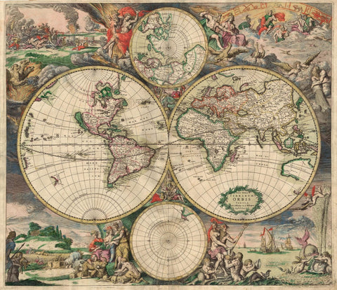 Decorative Vintage World Map - 16th Century World - Gerard van Schagen - 1689 - Large Art Prints by Gerard van Schagen
