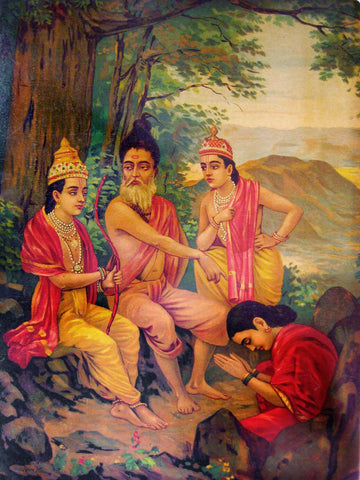 Ahilyaoddhar - Ram Releasing Ahalya From Curse Raja Ravi Varma Press Oleograph Print - Indian Ramayan Art - Framed Prints by Raja Ravi Varma