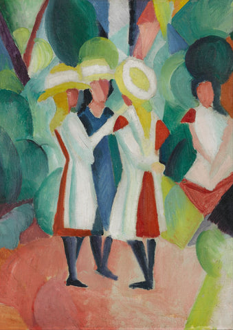 Three Girls In Yellow Straw Hats - Large Art Prints by August Macke
