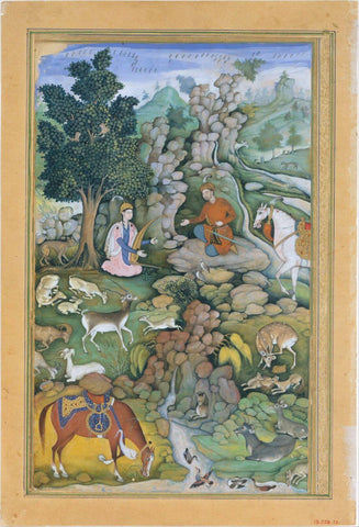 Bahram Gur Sees A Herd Of Deer Mesmerized By Dilaram’ S MusicKhamsa (Quintet) - C.1570–1604 -  Vintage Indian Miniature Art Painting - Framed Prints