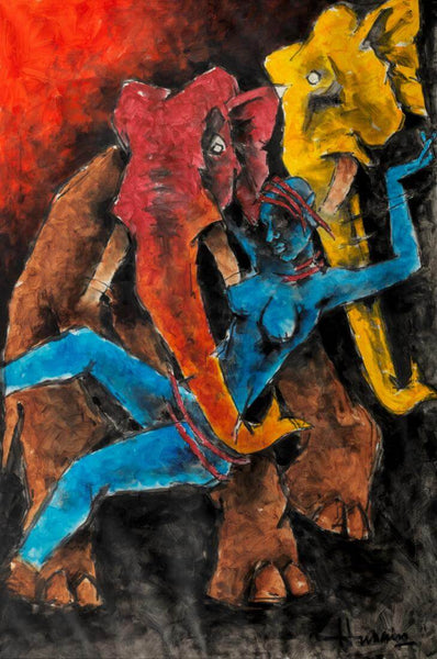 Bhil Tribals - Maqbool Fida Husain Painting - Life Size Posters