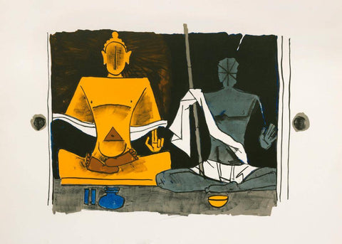 Buddha And Gandhi - M F Husain - Figurative Painting - Life Size Posters by M F Husain