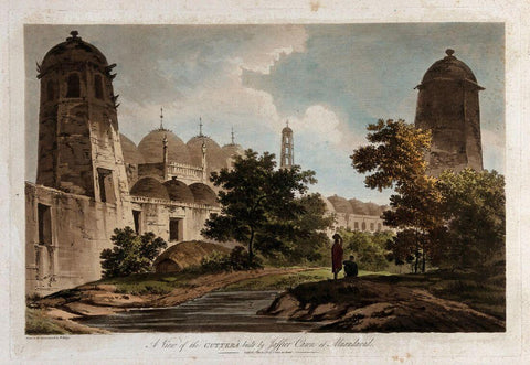 Buildings By The River At Murshidabad, Bengal - Coloured Etching by William Hodges 1788 - Vintage Orientalist Paintings of India - Large Art Prints