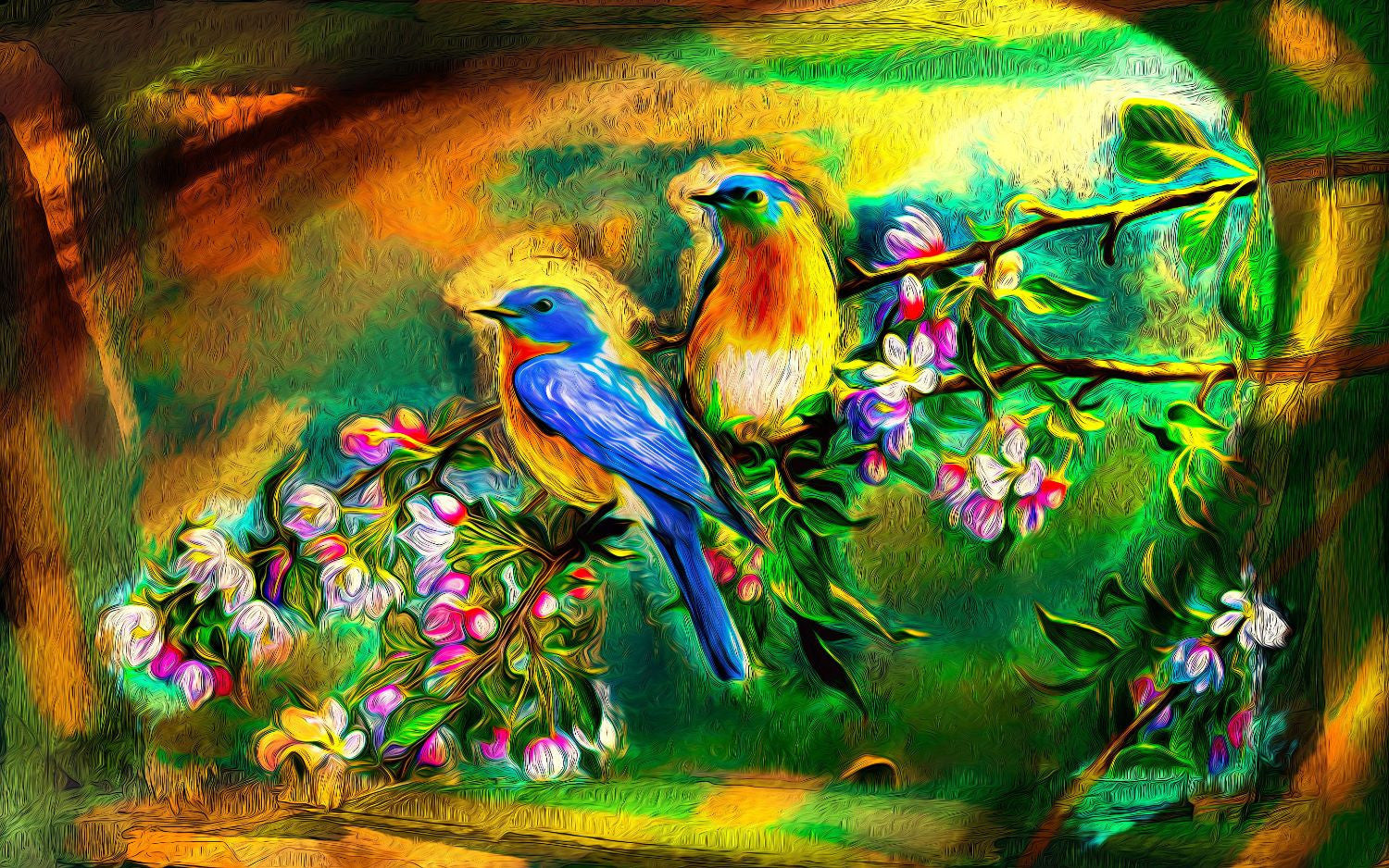 Colorful Twin Birds - Framed Prints by Sina Irani