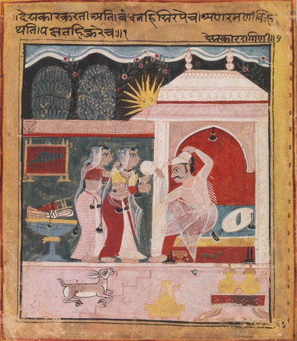 Deshakar Ragini: A Prince Looking In A Mirror Tying His Turban - C.1605 -  Vintage Indian Miniature Art Painting - Large Art Prints by Miniature Vintage
