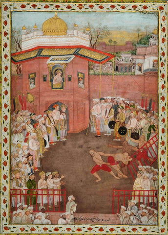 Emperor Shah Jahan Watching A Wrestling Match - c1750 - Mir Kalan Khan - Mughal Miniature Art Indian Painting - Large Art Prints by Mir Kalan Khan