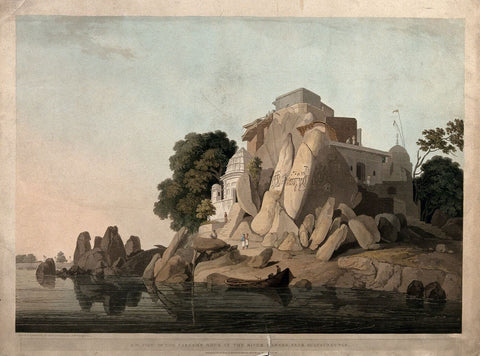 Fakirs Rock on the River Ganges, Bihar - William Daniell - Vintage Orientalist Paintings of India c1800 - Life Size Posters by William Daniell