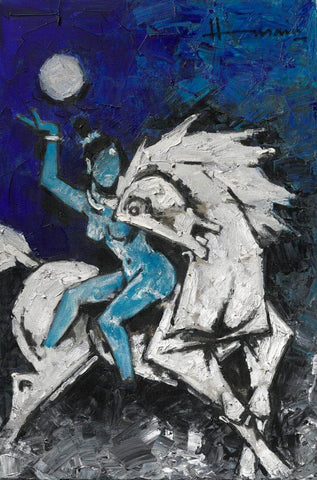 Figure On A Horse - M F Husain Painting - Life Size Posters by M F Husain