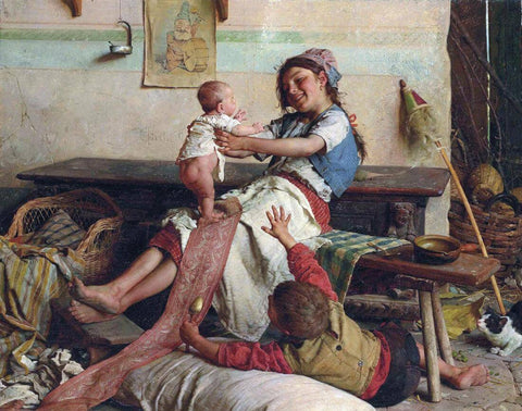 Girl With Baby - Gaetano Chierici - 19th Century European Domestic Interiors Painting - Large Art Prints