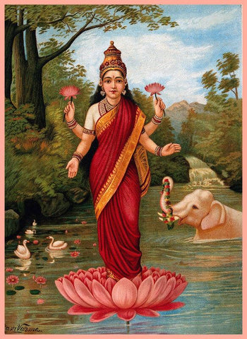 Goddess Lakshmi - Oleograph Print - Raja Ravi Varma - Indian Painting - Framed Prints by Raja Ravi Varma
